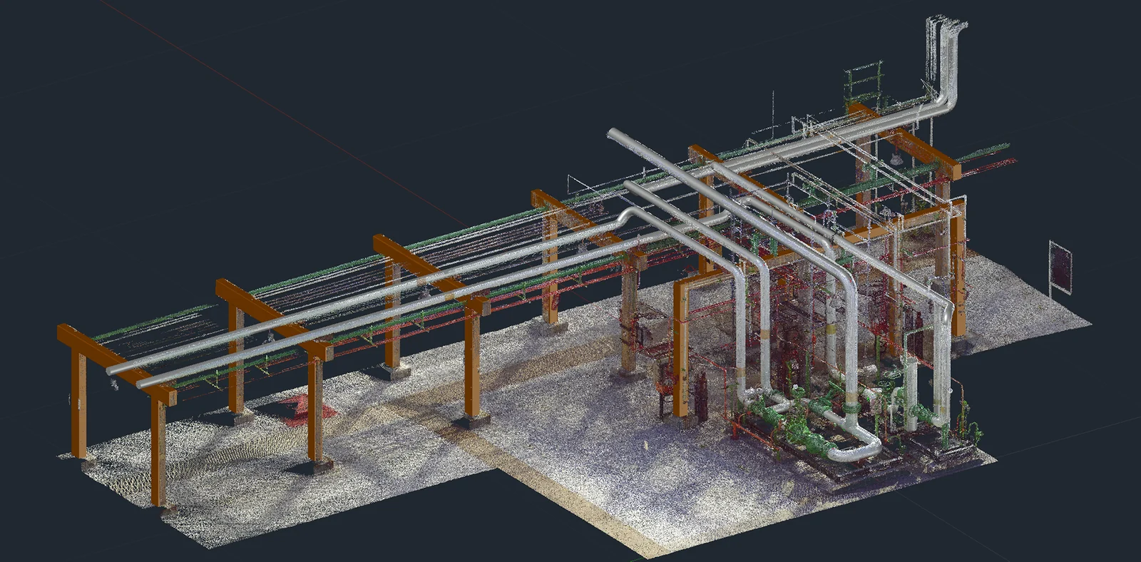 3D-Modell eines Rohrleitungssystems auf dunklem Hintergrund