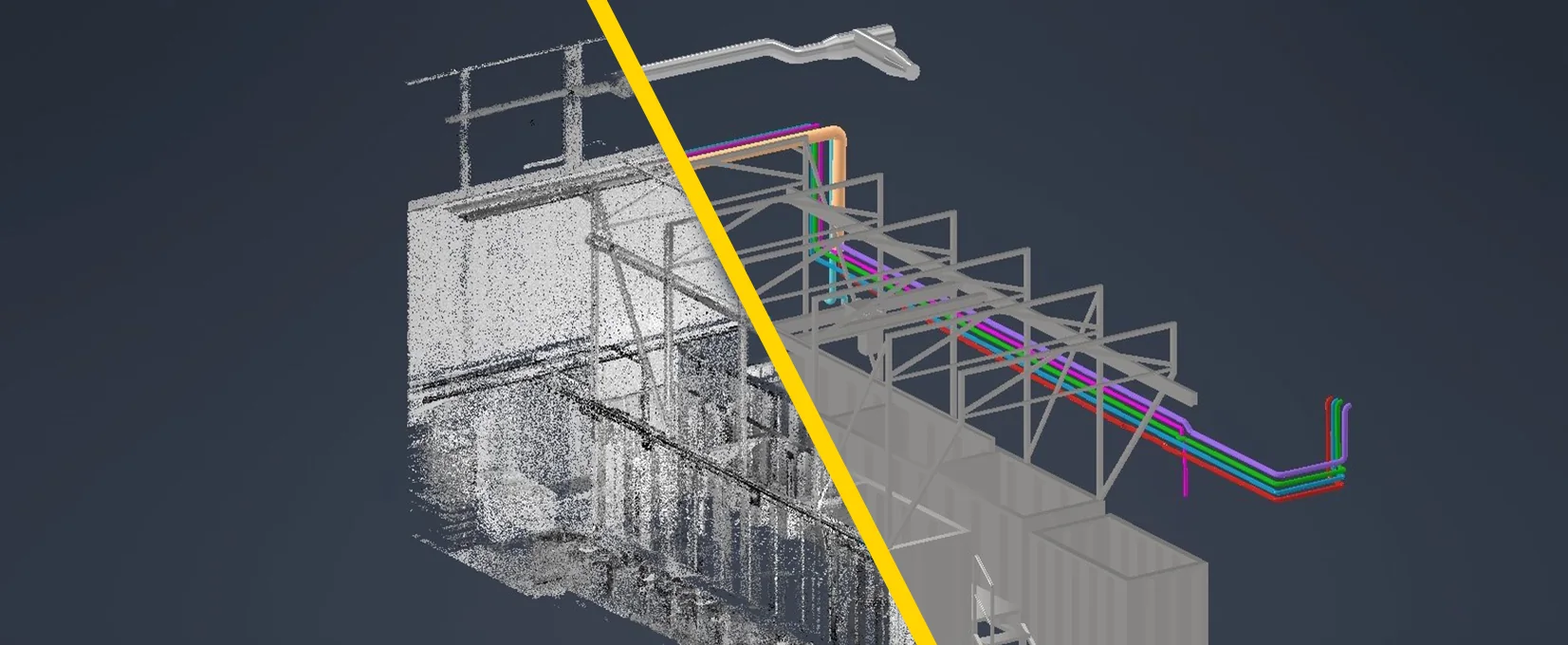 Vergleich: Rohe Punktwolke und fertiges 3D-Modell einer Rohrbrücke