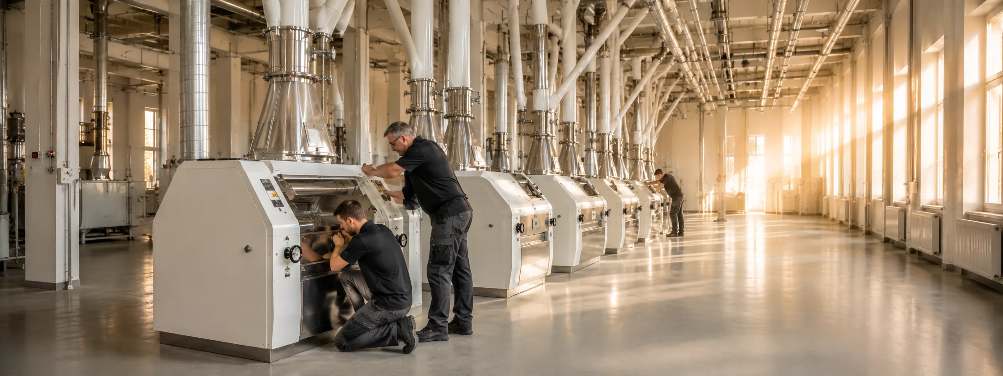 Fitters working on a row of roller mills in a bright mill floor